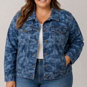 Woman Within Blue Camo Denim Jacket Plus 18W Stretch Trucker